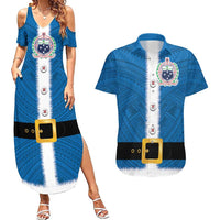 Samoa Merry Christmas Couples Matching Summer Maxi Dress and Hawaiian Shirt Santa Suit Style With Tatau Tattoo Pattern LT03 Blue - Polynesian Pride