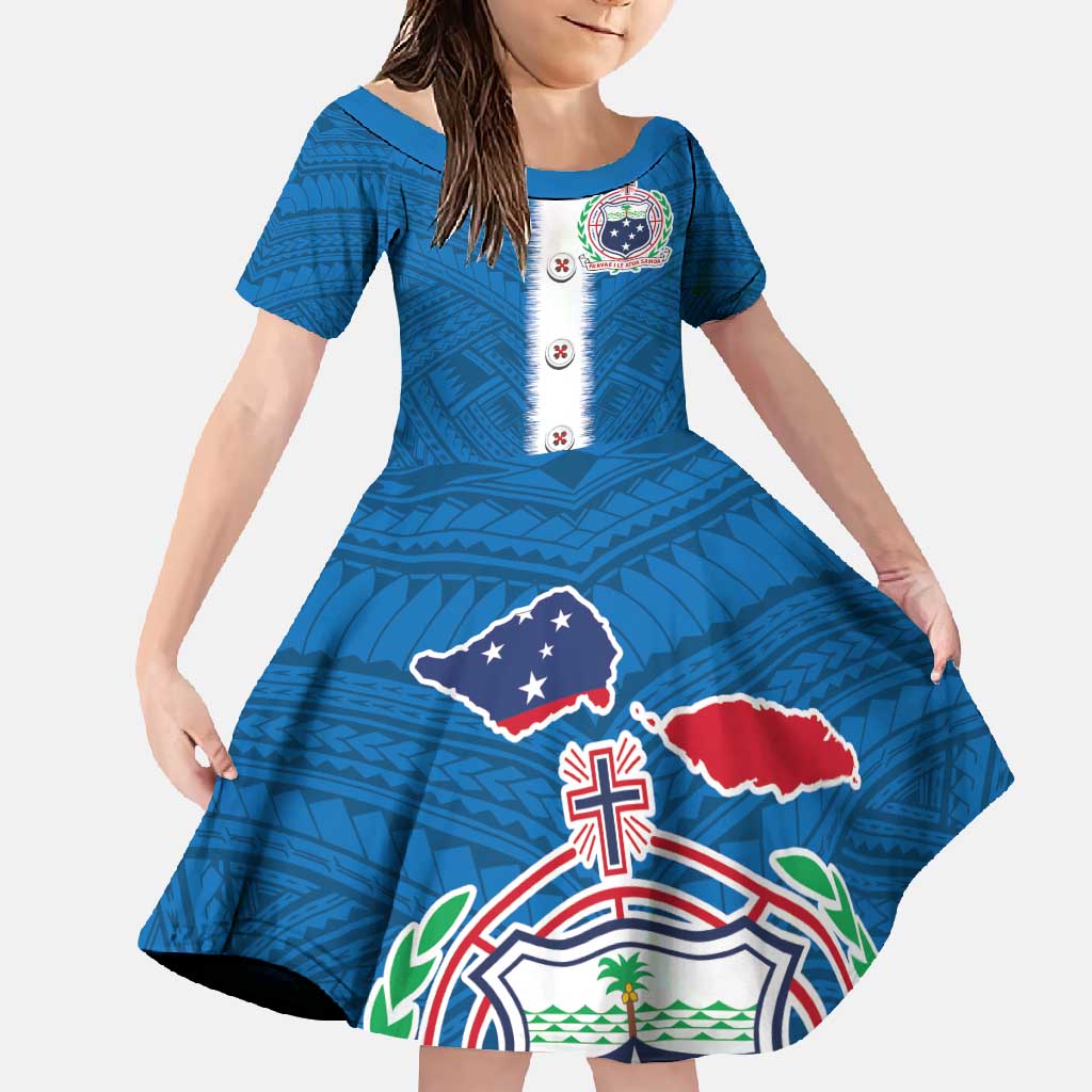 Samoa Merry Christmas Family Matching Long Sleeve Bodycon Dress and Hawaiian Shirt Santa Suit Style With Tatau Tattoo Pattern LT03 Daughter's Dress Blue - Polynesian Pride
