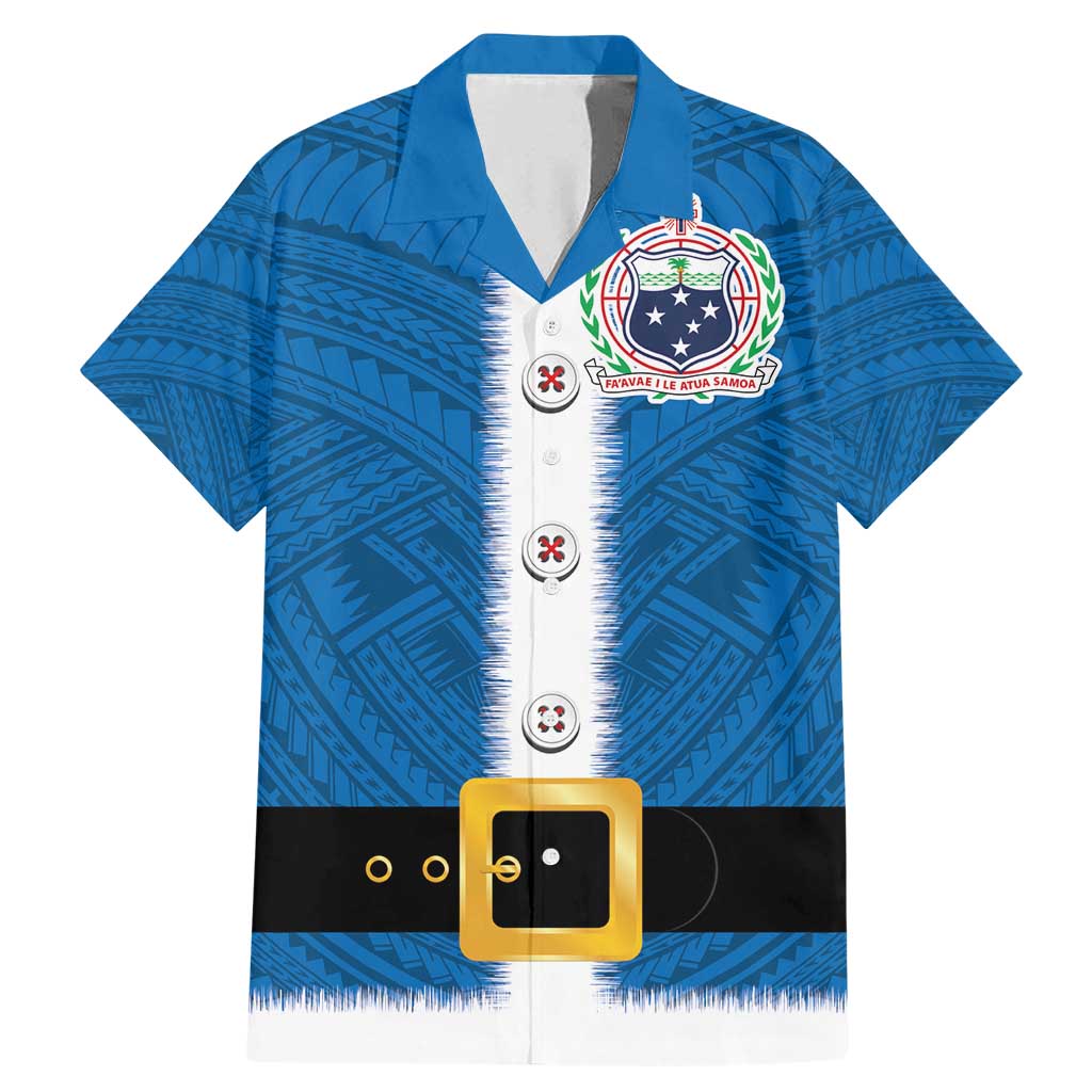 Samoa Merry Christmas Family Matching Mermaid Dress and Hawaiian Shirt Santa Suit Style With Tatau Tattoo Pattern LT03 Dad's Shirt - Short Sleeve Blue - Polynesian Pride