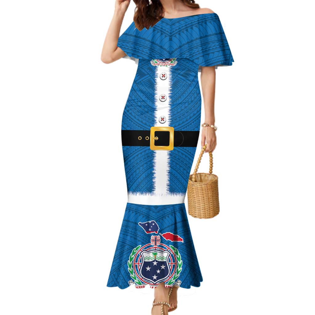 Samoa Merry Christmas Family Matching Mermaid Dress and Hawaiian Shirt Santa Suit Style With Tatau Tattoo Pattern LT03 Mom's Dress Blue - Polynesian Pride