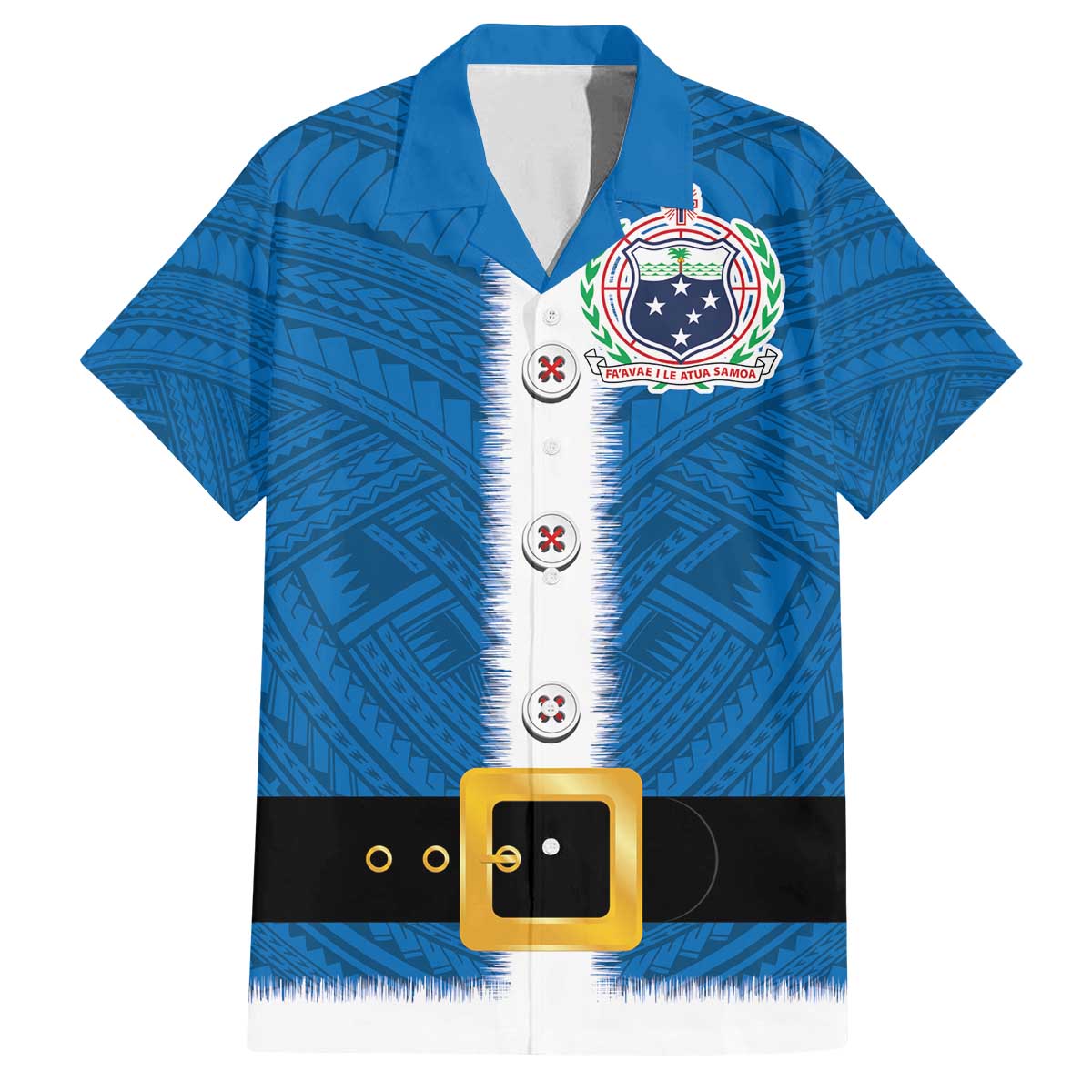 Samoa Merry Christmas Family Matching Off The Shoulder Long Sleeve Dress and Hawaiian Shirt Santa Suit Style With Tatau Tattoo Pattern LT03 Dad's Shirt - Short Sleeve Blue - Polynesian Pride