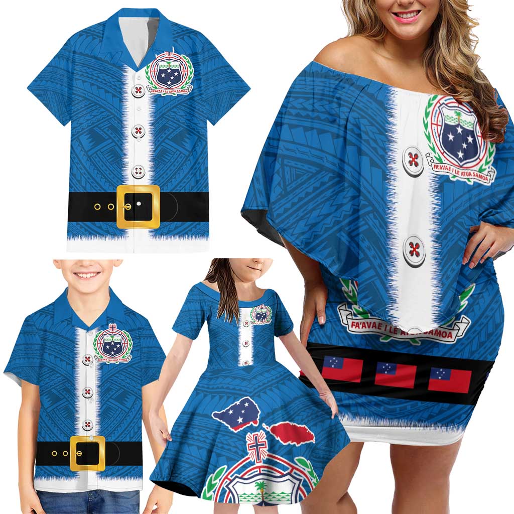 Samoa Merry Christmas Family Matching Off Shoulder Short Dress and Hawaiian Shirt Santa Suit Style With Tatau Tattoo Pattern LT03 - Polynesian Pride
