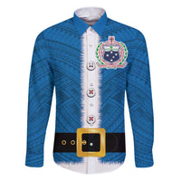Samoa Merry Christmas Family Matching Puletasi and Hawaiian Shirt Santa Suit Style With Tatau Tattoo Pattern LT03 Dad's Shirt - Long Sleeve Blue - Polynesian Pride