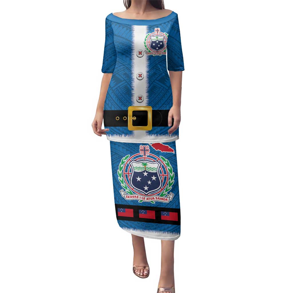 Samoa Merry Christmas Family Matching Puletasi and Hawaiian Shirt Santa Suit Style With Tatau Tattoo Pattern LT03 Mom's Dress Blue - Polynesian Pride