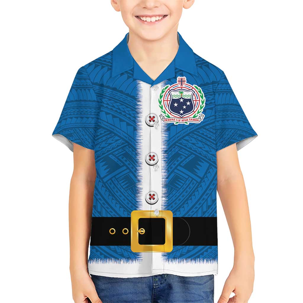Samoa Merry Christmas Family Matching Short Sleeve Bodycon Dress and Hawaiian Shirt Santa Suit Style With Tatau Tattoo Pattern LT03 Son's Shirt Blue - Polynesian Pride