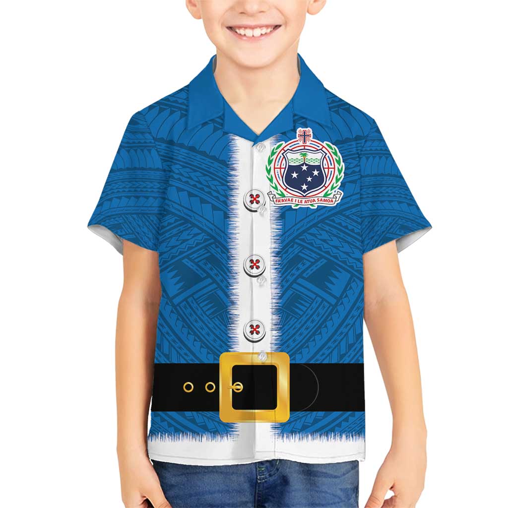 Samoa Merry Christmas Family Matching Tank Maxi Dress and Hawaiian Shirt Santa Suit Style With Tatau Tattoo Pattern LT03 Son's Shirt Blue - Polynesian Pride