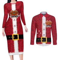 Papua New Guinea Merry Christmas Couples Matching Long Sleeve Bodycon Dress and Long Sleeve Button Shirt Santa Suit Style With Melanesian Pattern LT03 Red - Polynesian Pride
