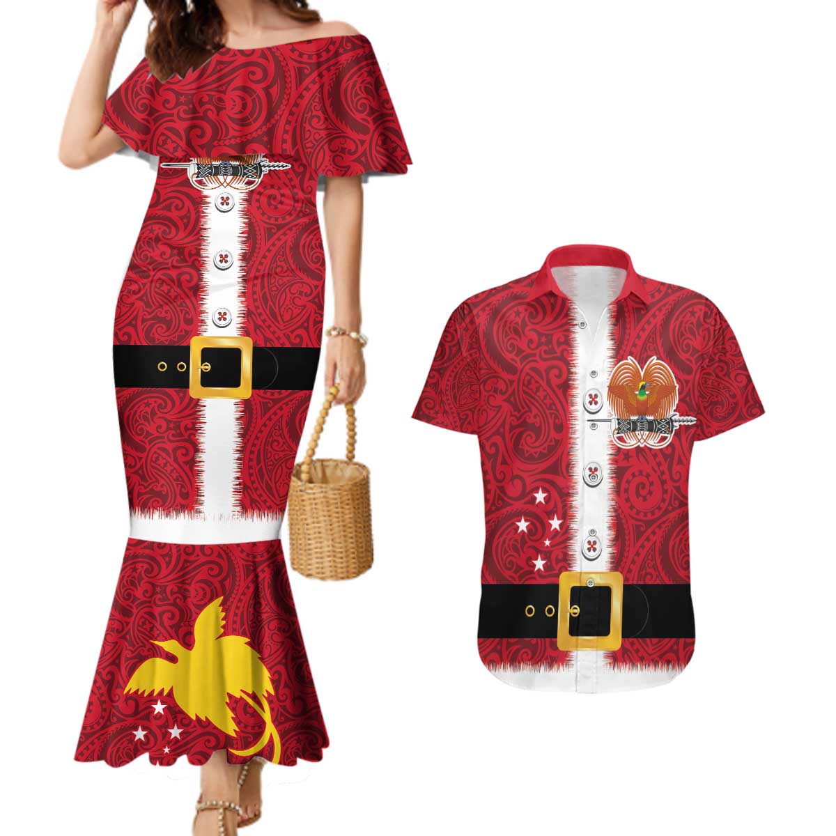 Papua New Guinea Merry Christmas Couples Matching Mermaid Dress and Hawaiian Shirt Santa Suit Style With Melanesian Pattern LT03 Red - Polynesian Pride