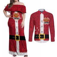 Papua New Guinea Merry Christmas Couples Matching Off Shoulder Maxi Dress and Long Sleeve Button Shirt Santa Suit Style With Melanesian Pattern LT03 Red - Polynesian Pride