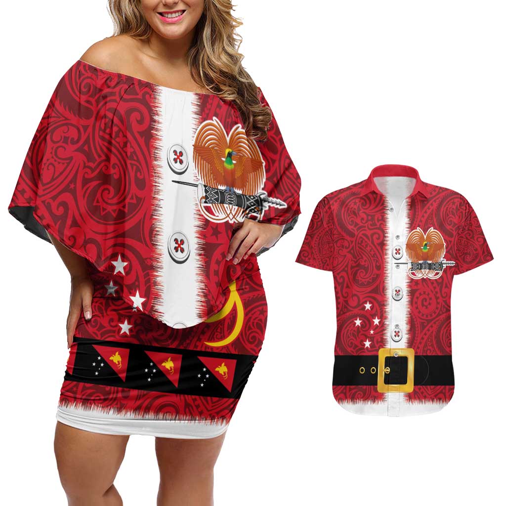 Papua New Guinea Merry Christmas Couples Matching Off Shoulder Short Dress and Hawaiian Shirt Santa Suit Style With Melanesian Pattern LT03 Red - Polynesian Pride