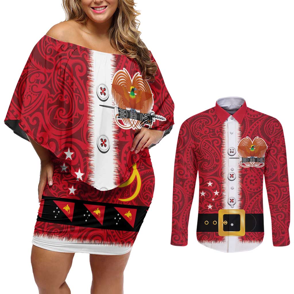 Papua New Guinea Merry Christmas Couples Matching Off Shoulder Short Dress and Long Sleeve Button Shirt Santa Suit Style With Melanesian Pattern LT03 Red - Polynesian Pride