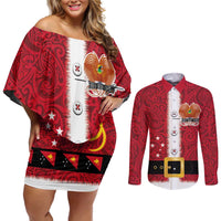 Papua New Guinea Merry Christmas Couples Matching Off Shoulder Short Dress and Long Sleeve Button Shirt Santa Suit Style With Melanesian Pattern LT03 Red - Polynesian Pride