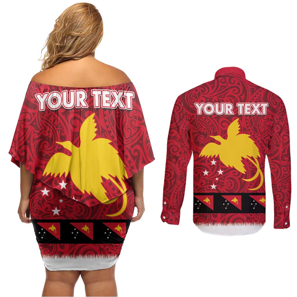 Papua New Guinea Merry Christmas Couples Matching Off Shoulder Short Dress and Long Sleeve Button Shirt Santa Suit Style With Melanesian Pattern LT03 - Polynesian Pride