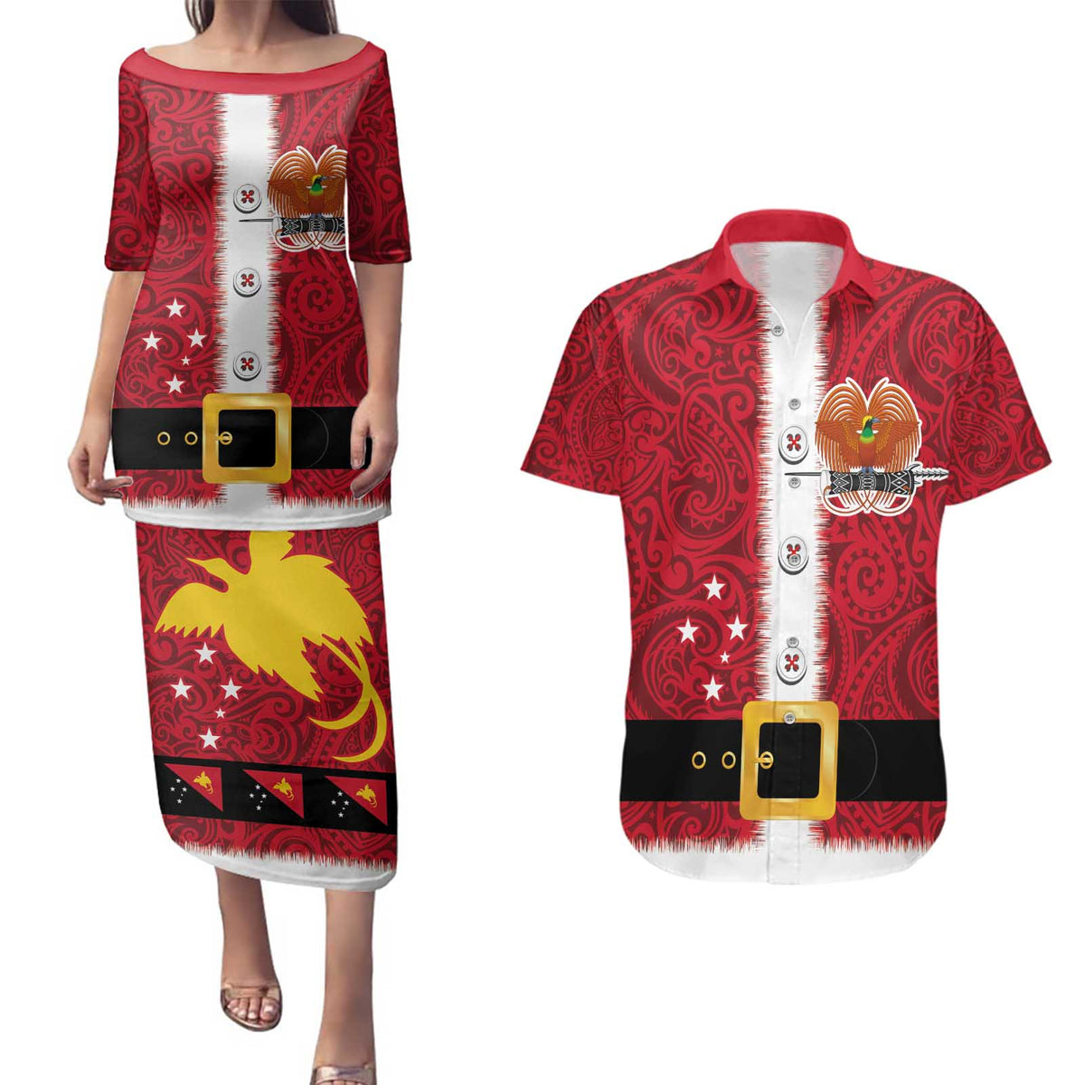 Papua New Guinea Merry Christmas Couples Matching Puletasi and Hawaiian Shirt Santa Suit Style With Melanesian Pattern LT03 Red - Polynesian Pride