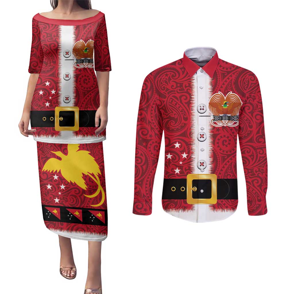 Papua New Guinea Merry Christmas Couples Matching Puletasi and Long Sleeve Button Shirt Santa Suit Style With Melanesian Pattern LT03 Red - Polynesian Pride