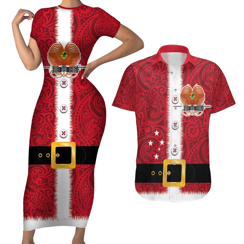 Papua New Guinea Merry Christmas Couples Matching Short Sleeve Bodycon Dress and Hawaiian Shirt Santa Suit Style With Melanesian Pattern LT03 Red - Polynesian Pride