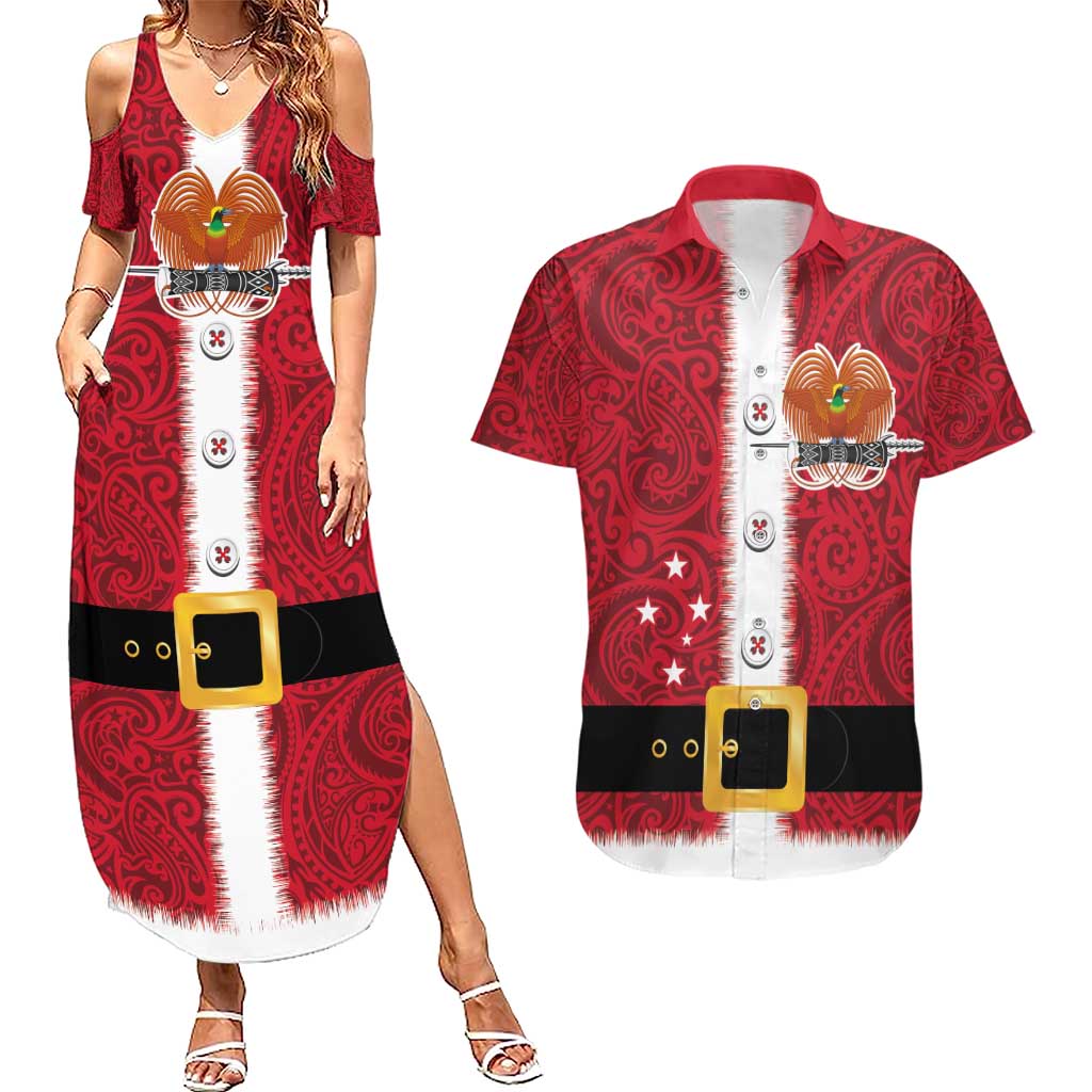 Papua New Guinea Merry Christmas Couples Matching Summer Maxi Dress and Hawaiian Shirt Santa Suit Style With Melanesian Pattern LT03 Red - Polynesian Pride