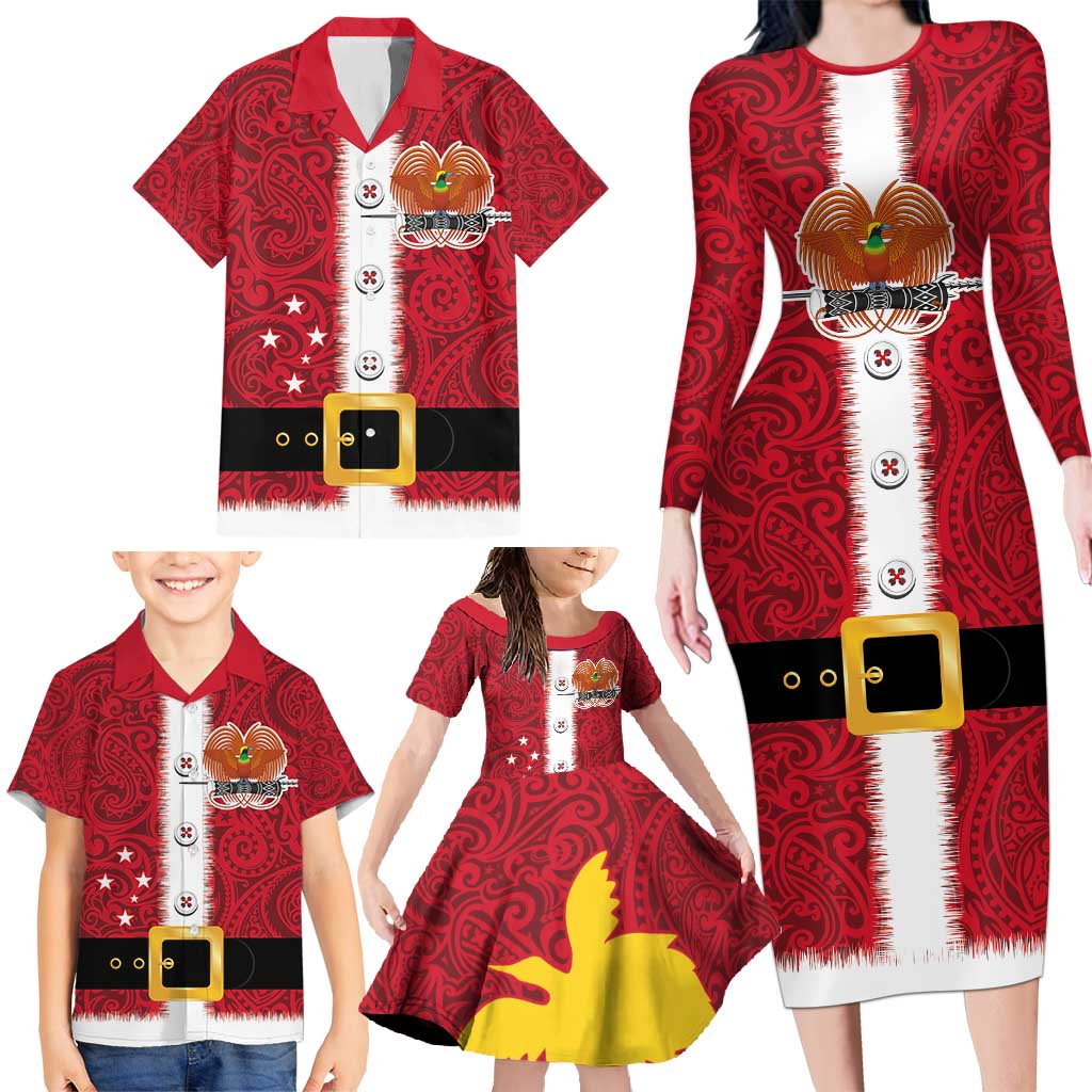 Papua New Guinea Merry Christmas Family Matching Long Sleeve Bodycon Dress and Hawaiian Shirt Santa Suit Style With Melanesian Pattern LT03 - Polynesian Pride