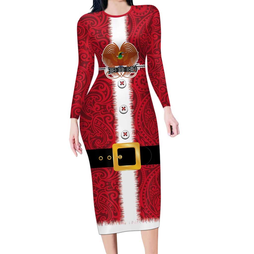 Papua New Guinea Merry Christmas Family Matching Long Sleeve Bodycon Dress and Hawaiian Shirt Santa Suit Style With Melanesian Pattern LT03 Mom's Dress Red - Polynesian Pride