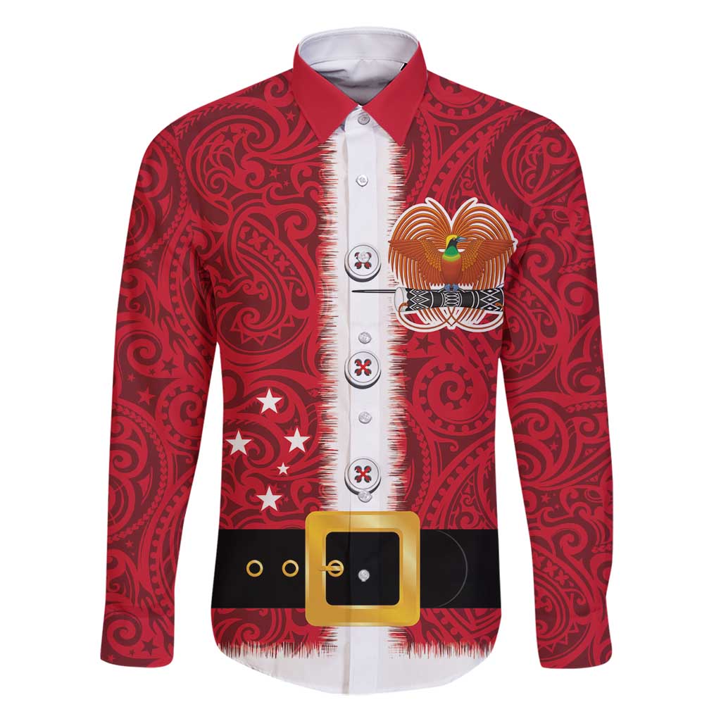 Papua New Guinea Merry Christmas Family Matching Mermaid Dress and Hawaiian Shirt Santa Suit Style With Melanesian Pattern LT03 Dad's Shirt - Long Sleeve Red - Polynesian Pride
