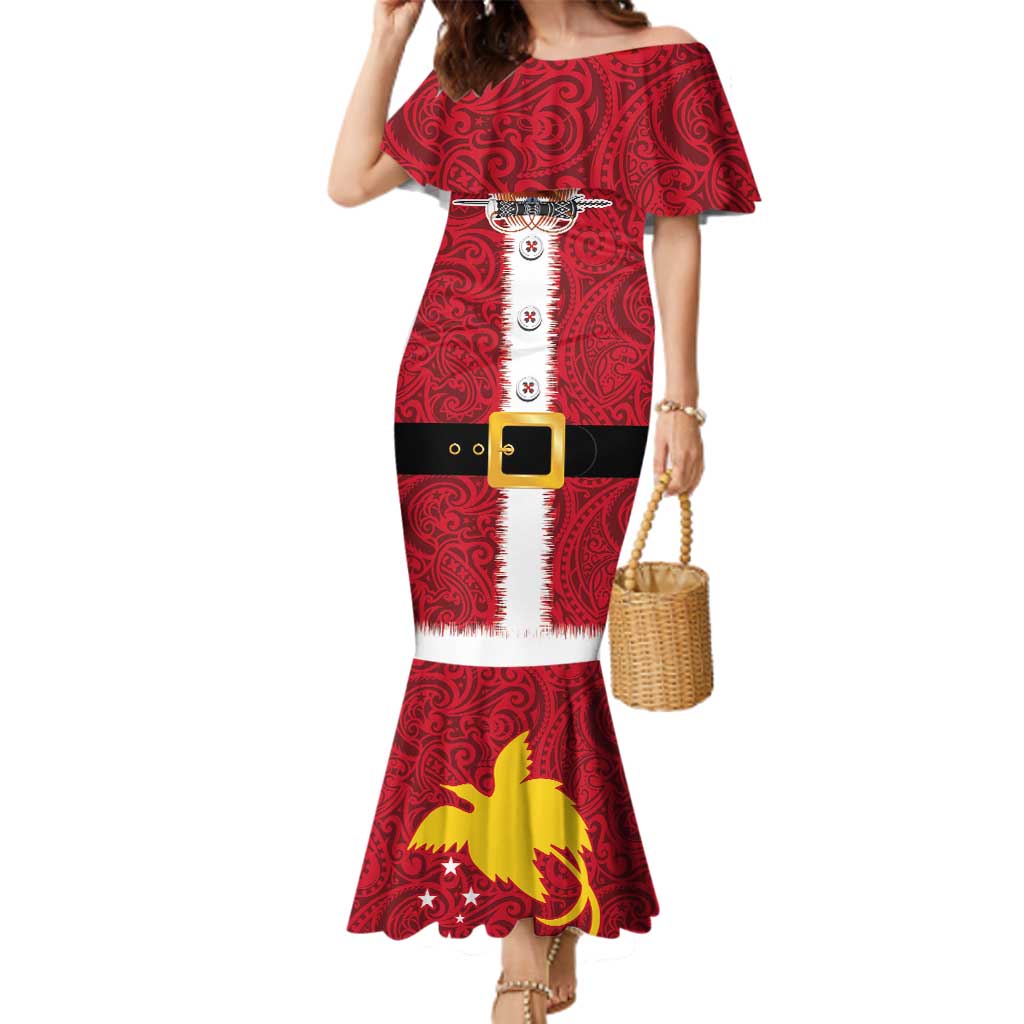 Papua New Guinea Merry Christmas Family Matching Mermaid Dress and Hawaiian Shirt Santa Suit Style With Melanesian Pattern LT03 Mom's Dress Red - Polynesian Pride