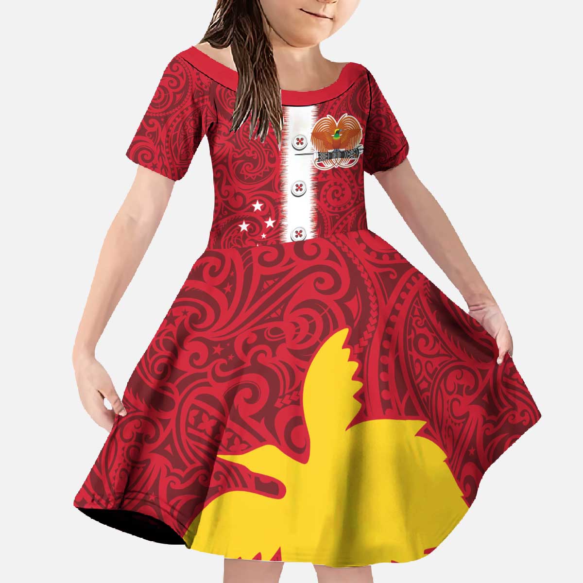 Papua New Guinea Merry Christmas Family Matching Off The Shoulder Long Sleeve Dress and Hawaiian Shirt Santa Suit Style With Melanesian Pattern LT03 Daughter's Dress Red - Polynesian Pride