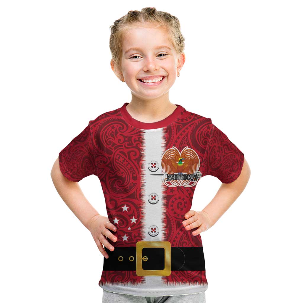 Papua New Guinea Merry Christmas Kid T Shirt Santa Suit Style With Melanesian Pattern LT03 Red - Polynesian Pride