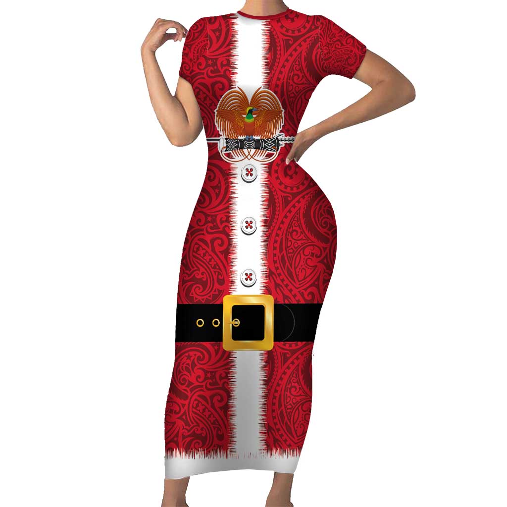 Papua New Guinea Merry Christmas Short Sleeve Bodycon Dress Santa Suit Style With Melanesian Pattern LT03 Long Dress Red - Polynesian Pride