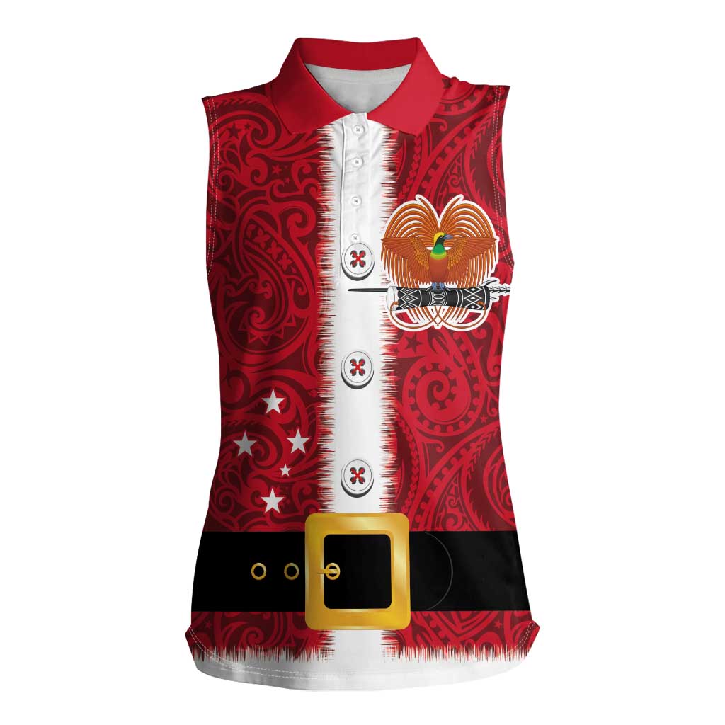 Papua New Guinea Merry Christmas Women Sleeveless Polo Shirt Santa Suit Style With Melanesian Pattern LT03 Female Red - Polynesian Pride