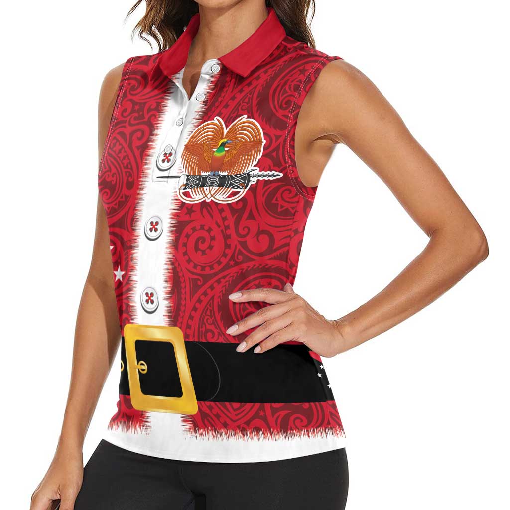 Papua New Guinea Merry Christmas Women Sleeveless Polo Shirt Santa Suit Style With Melanesian Pattern LT03 - Polynesian Pride