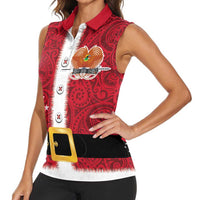 Papua New Guinea Merry Christmas Women Sleeveless Polo Shirt Santa Suit Style With Melanesian Pattern LT03 - Polynesian Pride