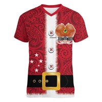 Papua New Guinea Merry Christmas Women V-Neck T-Shirt Santa Suit Style With Melanesian Pattern LT03 Female Red - Polynesian Pride