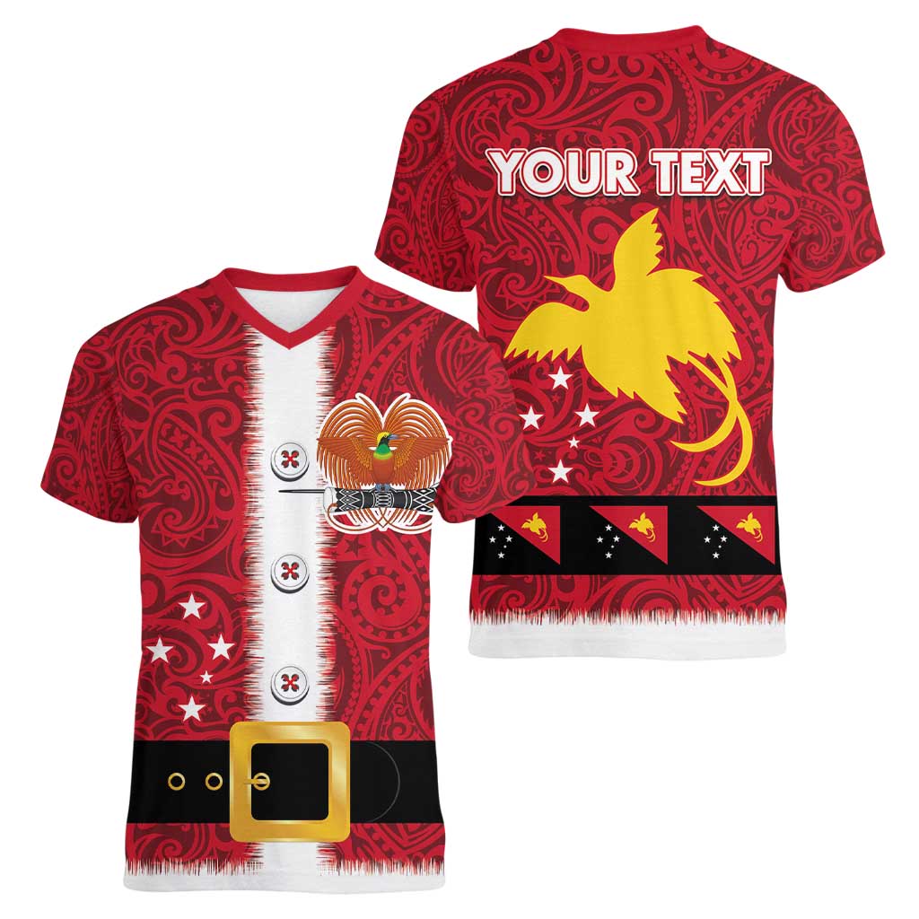 Papua New Guinea Merry Christmas Women V-Neck T-Shirt Santa Suit Style With Melanesian Pattern LT03 - Polynesian Pride