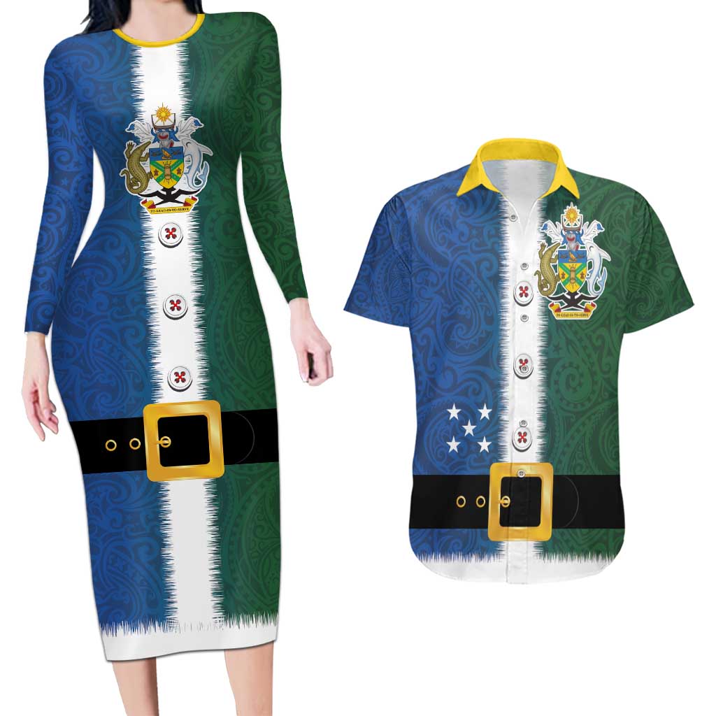 Solomon Islands Merry Christmas Couples Matching Long Sleeve Bodycon Dress and Hawaiian Shirt Santa Suit Style With Melanesian Pattern LT03 Green - Polynesian Pride