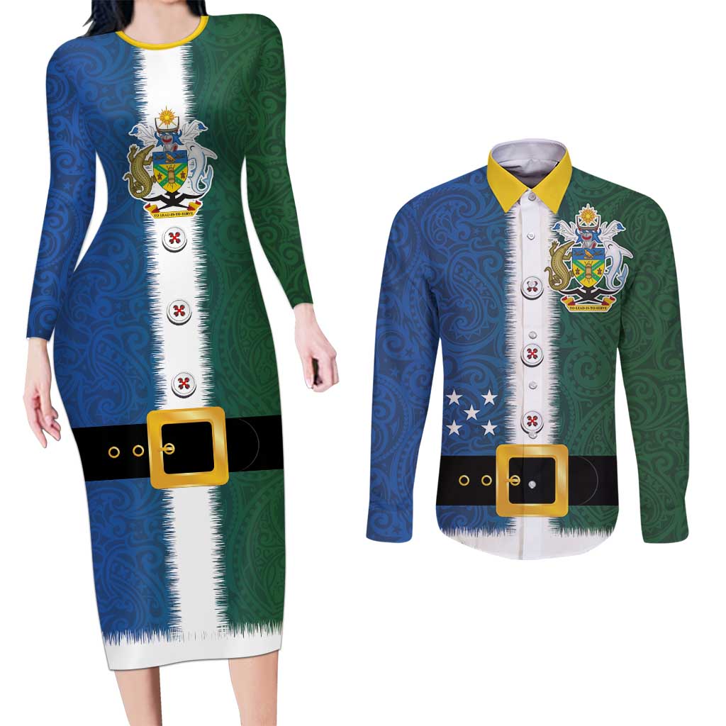 Solomon Islands Merry Christmas Couples Matching Long Sleeve Bodycon Dress and Long Sleeve Button Shirt Santa Suit Style With Melanesian Pattern LT03 Green - Polynesian Pride