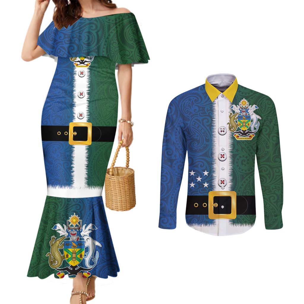 Solomon Islands Merry Christmas Couples Matching Mermaid Dress and Long Sleeve Button Shirt Santa Suit Style With Melanesian Pattern LT03 Green - Polynesian Pride