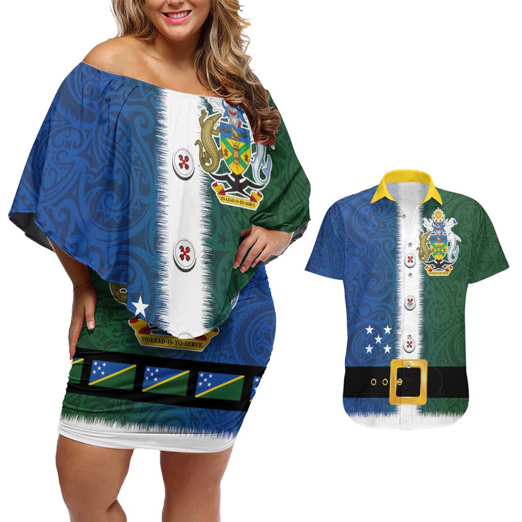Solomon Islands Merry Christmas Couples Matching Off Shoulder Short Dress and Hawaiian Shirt Santa Suit Style With Melanesian Pattern LT03 Green - Polynesian Pride