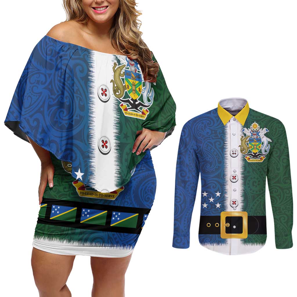 Solomon Islands Merry Christmas Couples Matching Off Shoulder Short Dress and Long Sleeve Button Shirt Santa Suit Style With Melanesian Pattern LT03 Green - Polynesian Pride