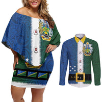 Solomon Islands Merry Christmas Couples Matching Off Shoulder Short Dress and Long Sleeve Button Shirt Santa Suit Style With Melanesian Pattern LT03 Green - Polynesian Pride
