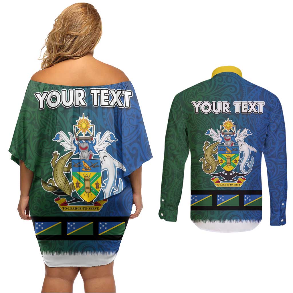 Solomon Islands Merry Christmas Couples Matching Off Shoulder Short Dress and Long Sleeve Button Shirt Santa Suit Style With Melanesian Pattern LT03 - Polynesian Pride