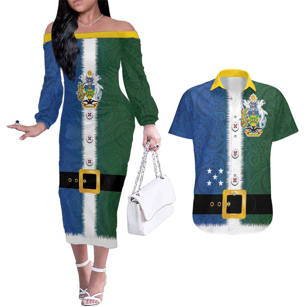 Solomon Islands Merry Christmas Couples Matching Off The Shoulder Long Sleeve Dress and Hawaiian Shirt Santa Suit Style With Melanesian Pattern LT03 Green - Polynesian Pride