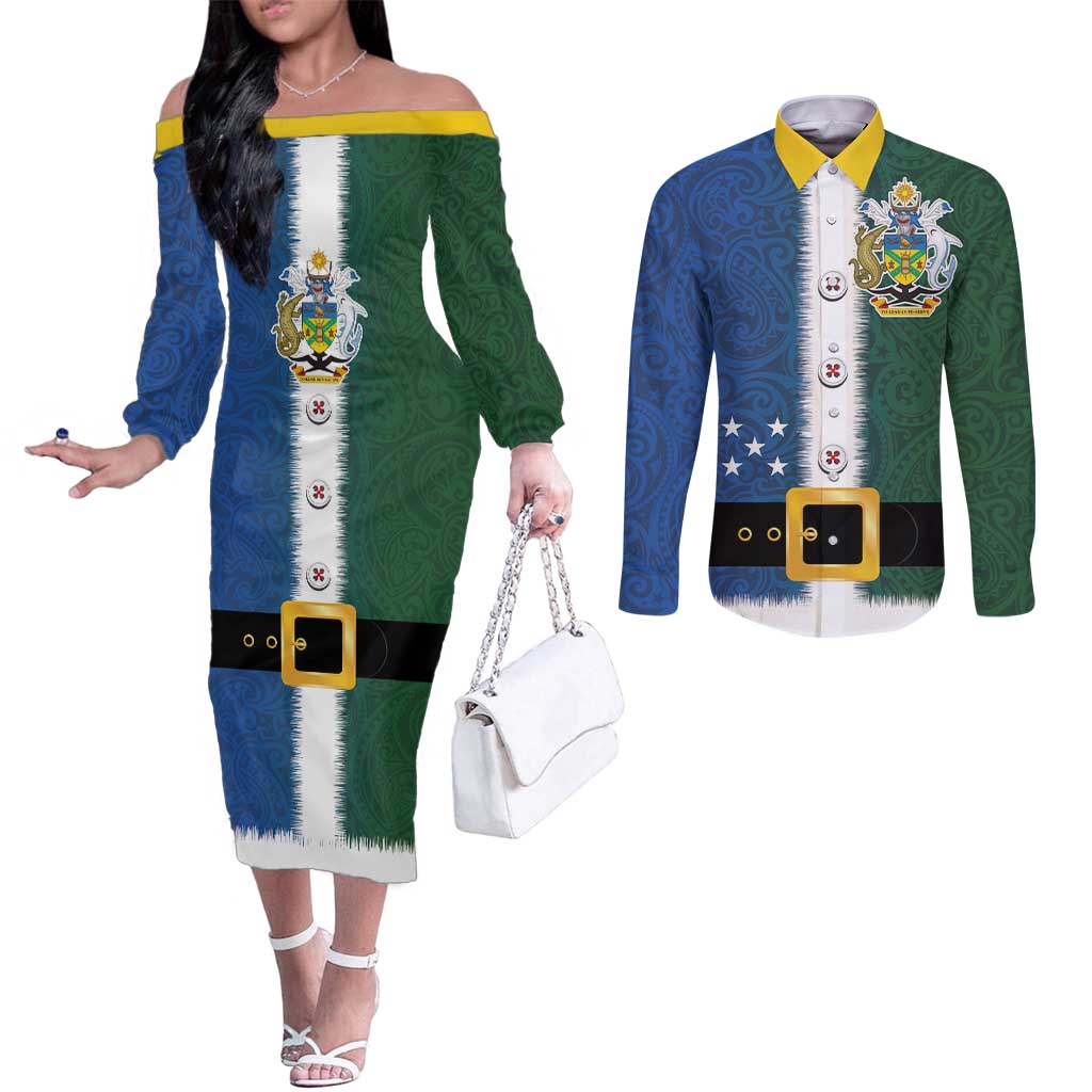 Solomon Islands Merry Christmas Couples Matching Off The Shoulder Long Sleeve Dress and Long Sleeve Button Shirt Santa Suit Style With Melanesian Pattern LT03 Green - Polynesian Pride