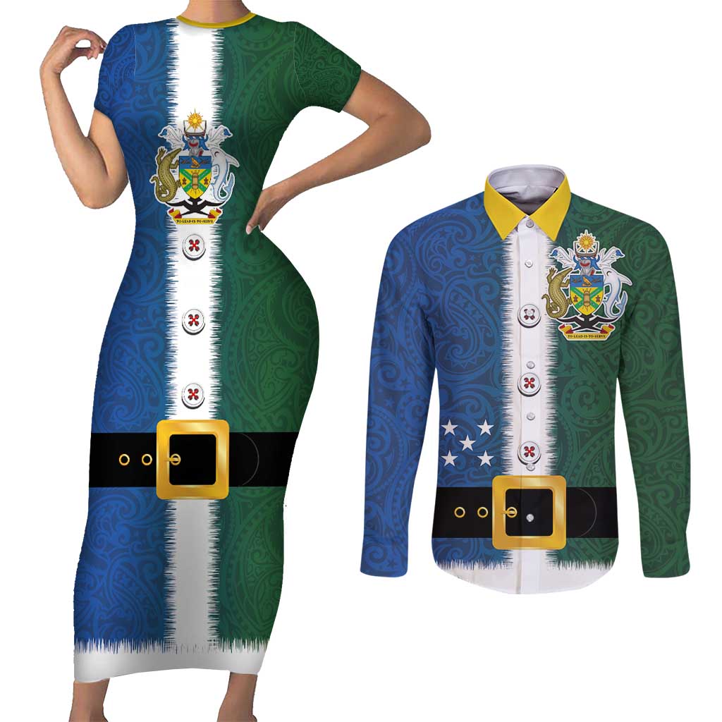 Solomon Islands Merry Christmas Couples Matching Short Sleeve Bodycon Dress and Long Sleeve Button Shirt Santa Suit Style With Melanesian Pattern LT03 Green - Polynesian Pride