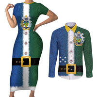 Solomon Islands Merry Christmas Couples Matching Short Sleeve Bodycon Dress and Long Sleeve Button Shirt Santa Suit Style With Melanesian Pattern LT03 Green - Polynesian Pride