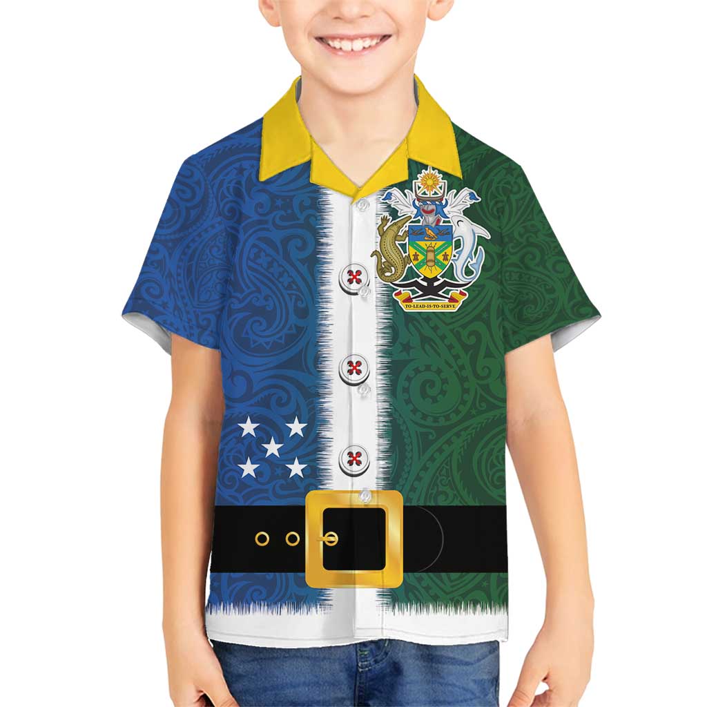 Solomon Islands Merry Christmas Family Matching Off Shoulder Short Dress and Hawaiian Shirt Santa Suit Style With Melanesian Pattern LT03 Son's Shirt Green - Polynesian Pride