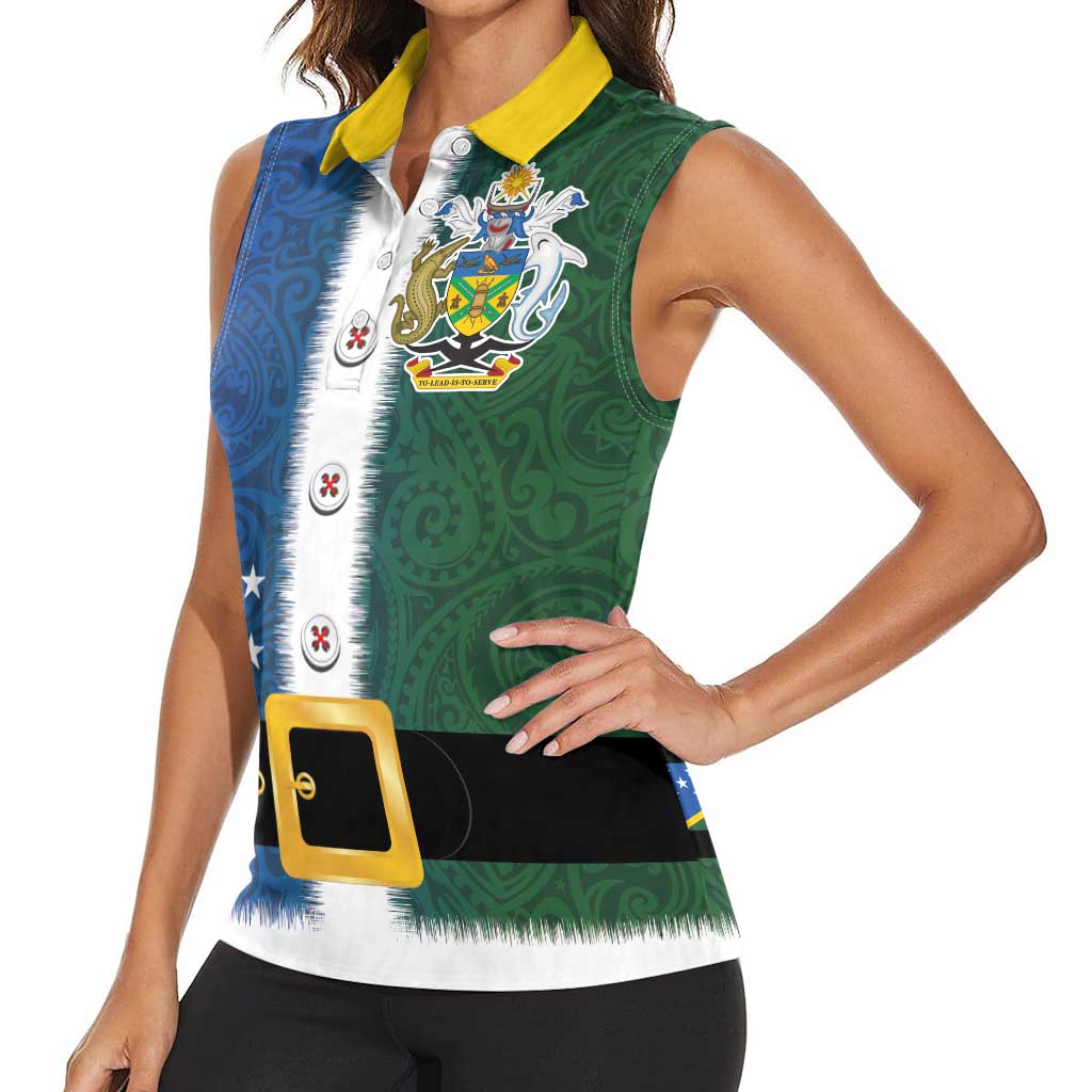 Solomon Islands Merry Christmas Women Sleeveless Polo Shirt Santa Suit Style With Melanesian Pattern LT03 - Polynesian Pride