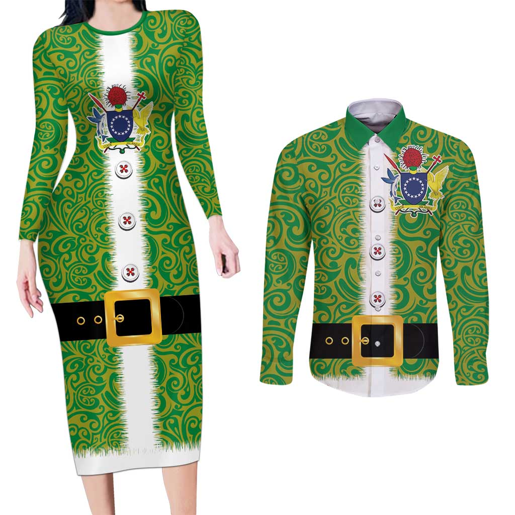 Cook Islands Merry Christmas Couples Matching Long Sleeve Bodycon Dress and Long Sleeve Button Shirt Santa Suit Style With Polynesian Pattern LT03 Green - Polynesian Pride