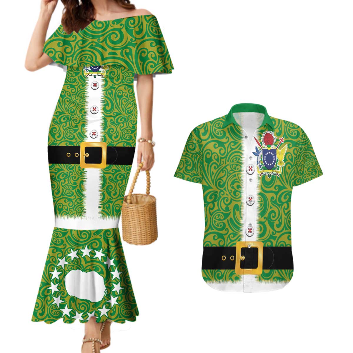 Cook Islands Merry Christmas Couples Matching Mermaid Dress and Hawaiian Shirt Santa Suit Style With Polynesian Pattern LT03 Green - Polynesian Pride