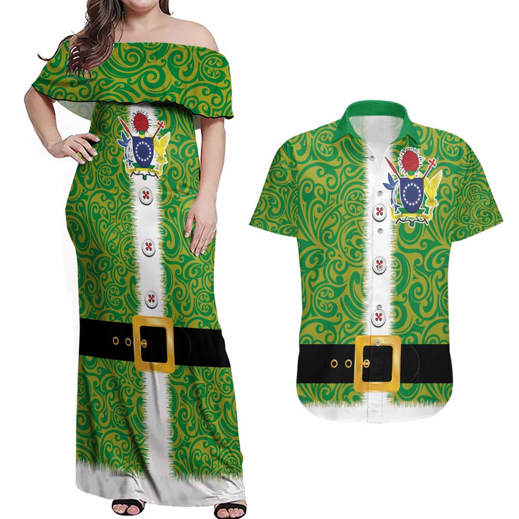 Cook Islands Merry Christmas Couples Matching Off Shoulder Maxi Dress and Hawaiian Shirt Santa Suit Style With Polynesian Pattern LT03 Green - Polynesian Pride
