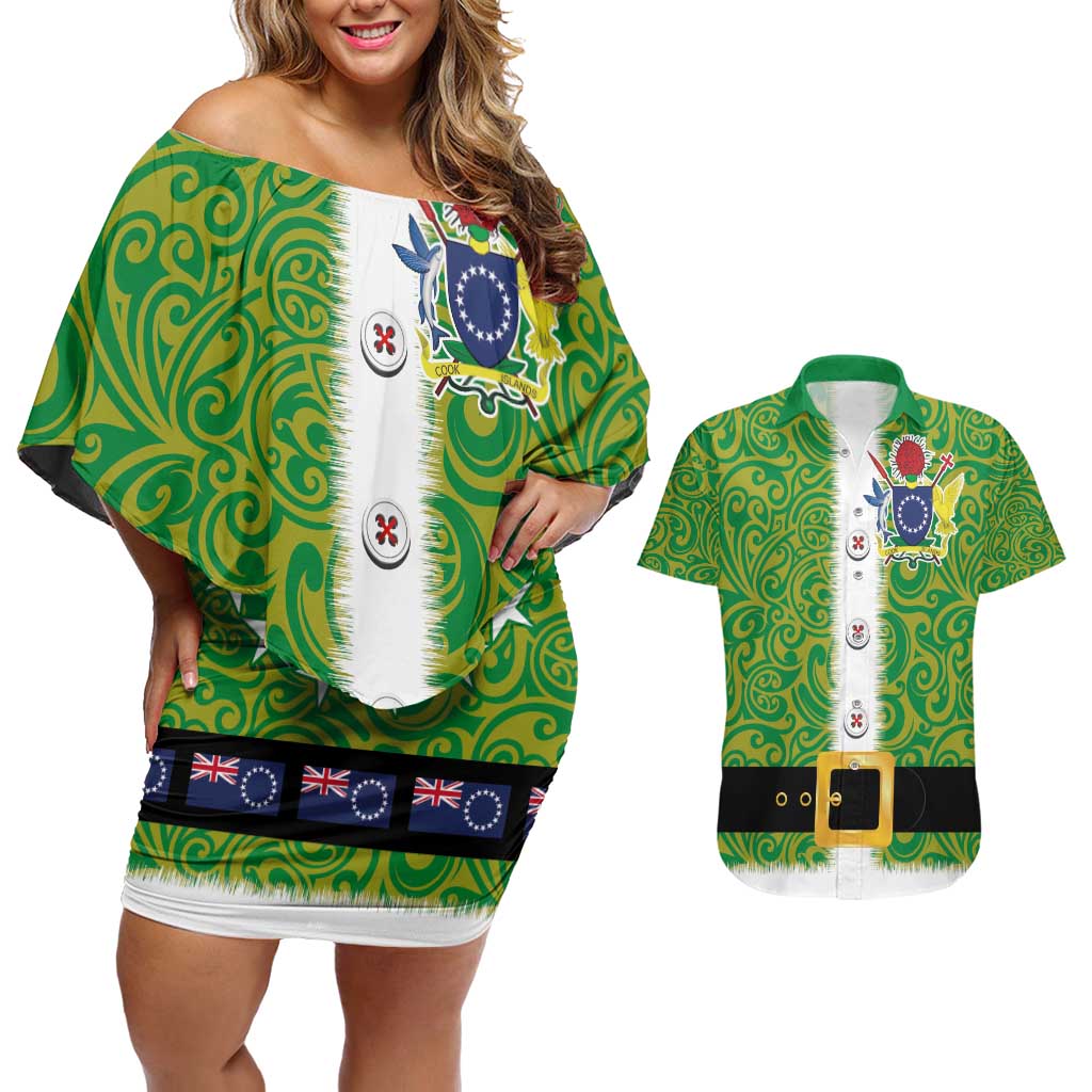Cook Islands Merry Christmas Couples Matching Off Shoulder Short Dress and Hawaiian Shirt Santa Suit Style With Polynesian Pattern LT03 Green - Polynesian Pride
